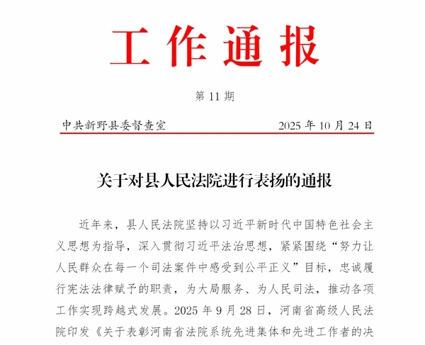 喜报！新野县委对县人民法院进行通报表扬